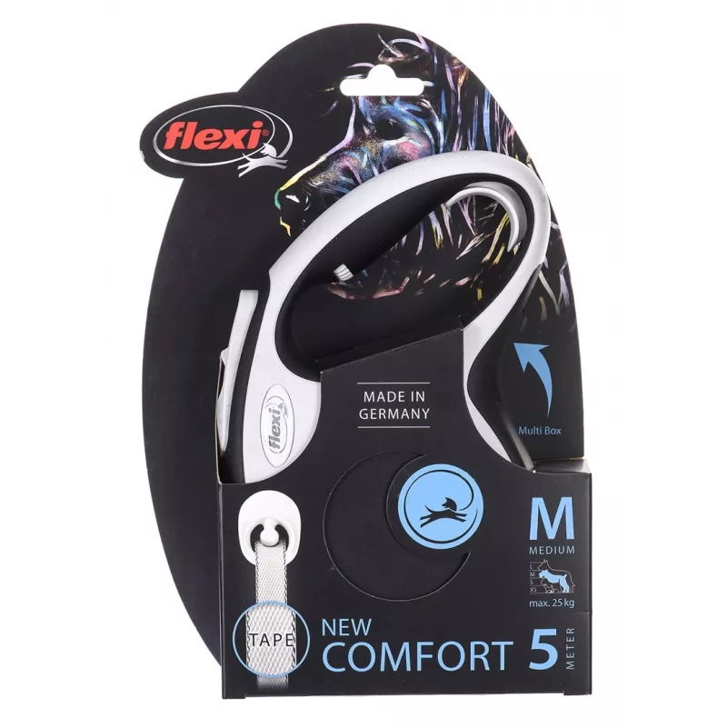 Flexi New Comfort M lint rihm 5 m Must — sissetõmmatav lindirihm, suurus M, max koormus 25 kg, kaal 300 g