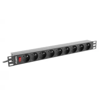 Toitejaotusseade LANBERG PDU-09E-0300-BK — 9x Type E pistikupesa, 16 A, 220–250 V, 3 m kaabel, 1U rack, 19 tolli