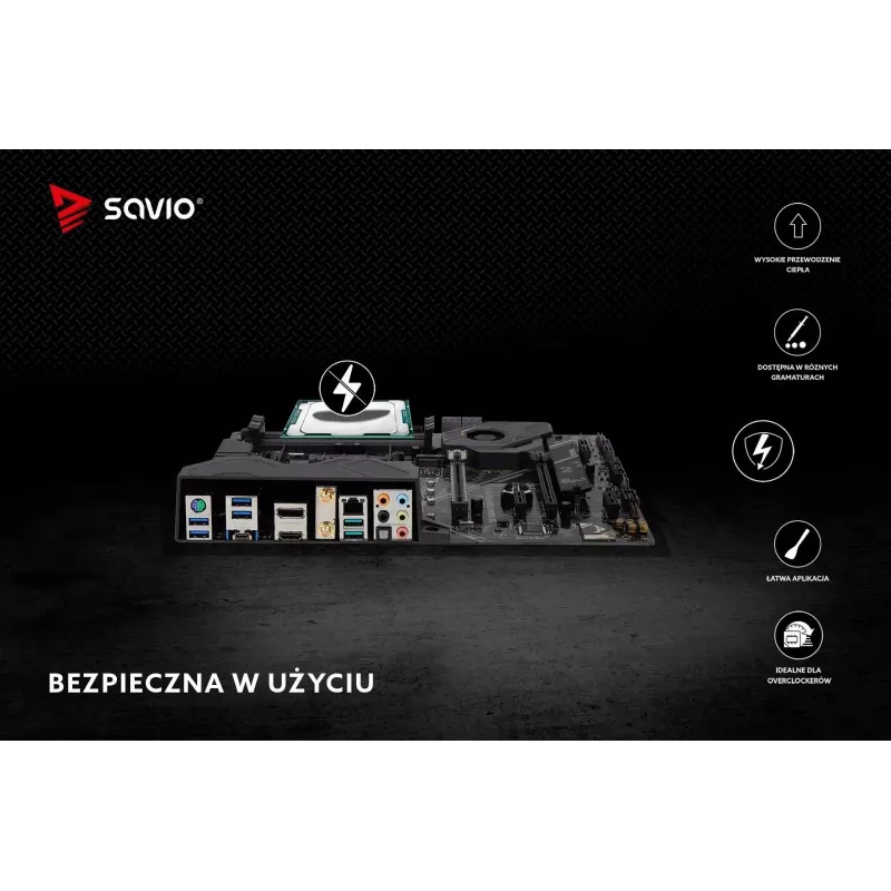 Termopasta SAVIO TG-04 4 g — soojusjuhtivus 14,5 W/m·K, töötemperatuur -250 kuni 300 °C, hall