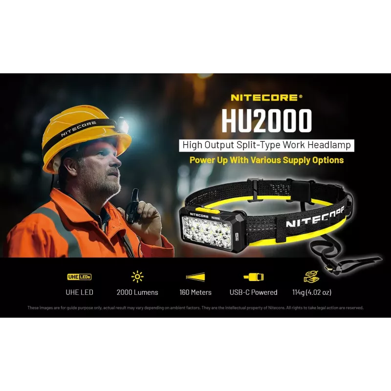 Peapaelaga taskulamp Nitecore HU2000, 10 LED-i, USB-laetav liitium-ioon, alumiinium+polükarbonaat, IP68 veekindel