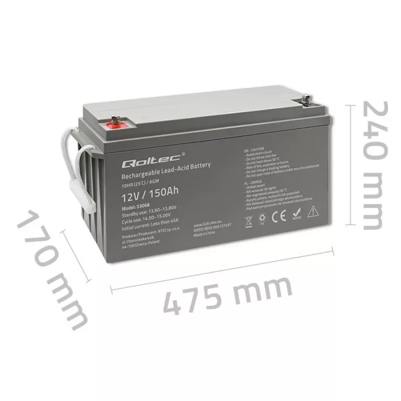 Qoltec 53068 AGM aku | 12V | 150Ah | max. 2250A