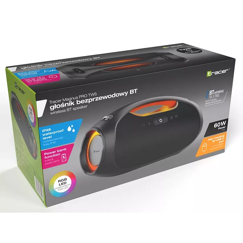 Stereo kaasaskantav kõlar TRACER TRAGLO47226 — juhtmevaba Bluetooth 5.3, 60 W RMS, 12 h aku, must