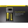 Akulaadija Nitecore NEW i2 — 2 pesaga laadija LiFePO4, Li-Ion, NiMH akudele; sisend 100–240V; väljund 9–12V; toetab AAAA/C/D/AAA/AA; must