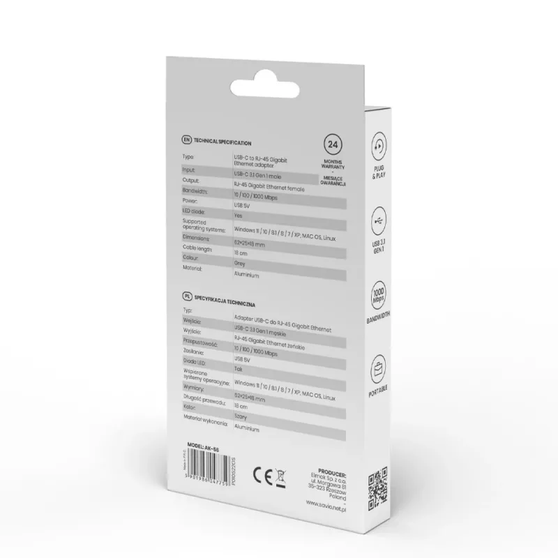 SAVIO Adapter USB-C 3.1 Gen.1 (M) RJ-45 Gigabit Ethernet (F), 1000 Mbps, AK-56, hall