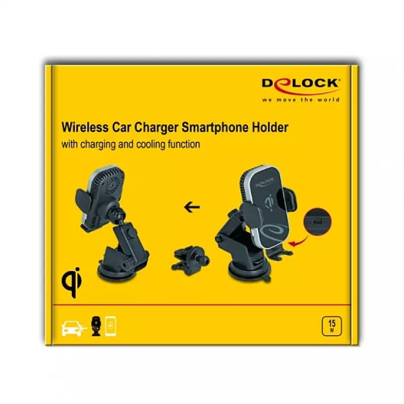 Aktiivne autohoidik DELOCK 66939 mobiiltelefonidele — iminapaga kinnitus, must/hall, juhtmevaba laadimise tugi