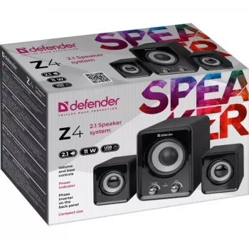 DEFENDER Z4 juhtmega 2.1 kõlarid, 11 W RMS, mustad, USB 5V toide, 3,5 mm kõrvaklapi väljund