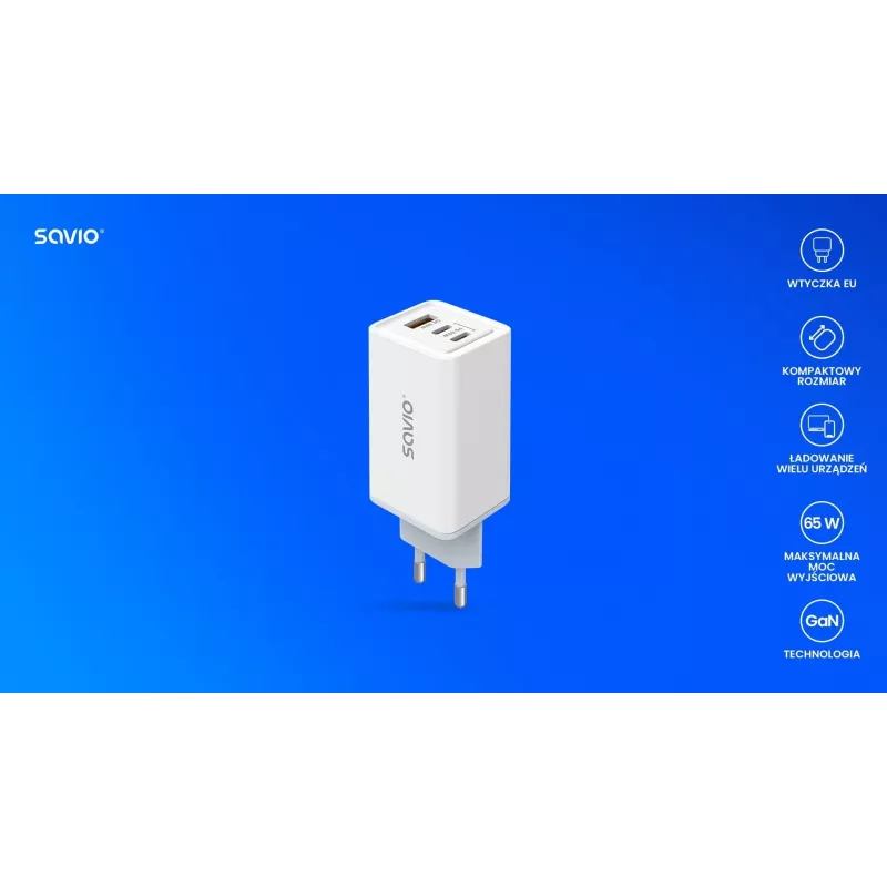 SAVIO LA-07 GaN 65W seinadapter, USB, QC4.0+, PD 3.0, Valge