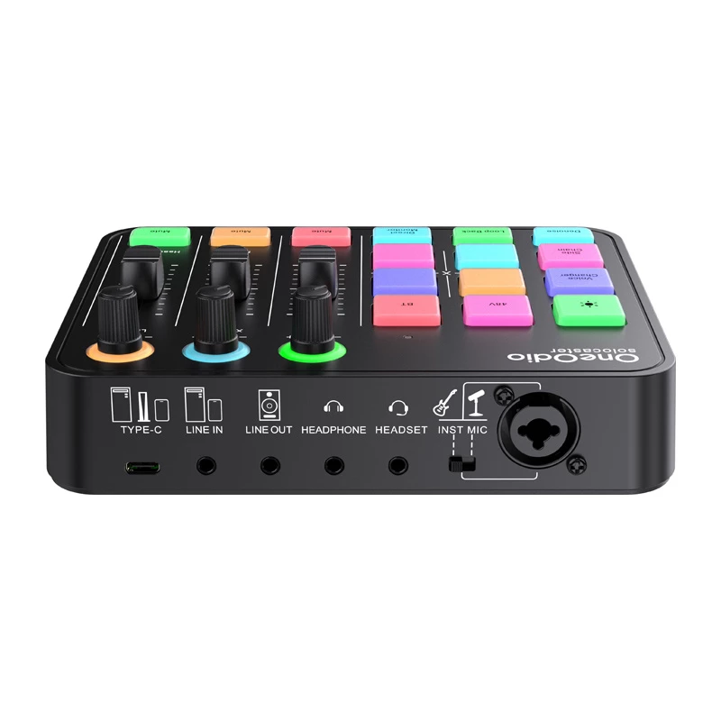 Audio mikser ja USB helikaart OneOdio Solocaster — kompaktne lauaarvuti liides voogedastuseks ja salvestamiseks