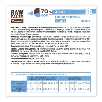 Märg koeratoit VETEXPERT Raw Paleo Cod Light Adult 800 g — konserv, kalamaitseline, 11,3% valku, 1,7% rasva