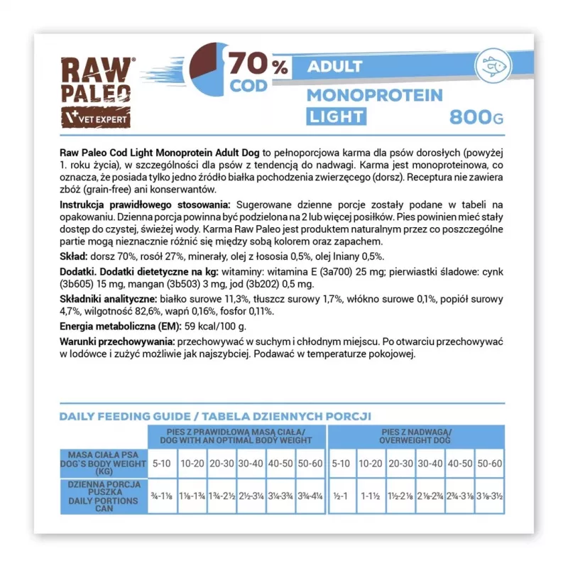 Märg koeratoit VETEXPERT Raw Paleo Cod Light Adult 800 g — konserv, kalamaitseline, 11,3% valku, 1,7% rasva