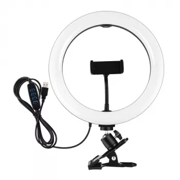 LED-ringsvalgus 26 cm koos telefonihoidja ja klambriga, USB