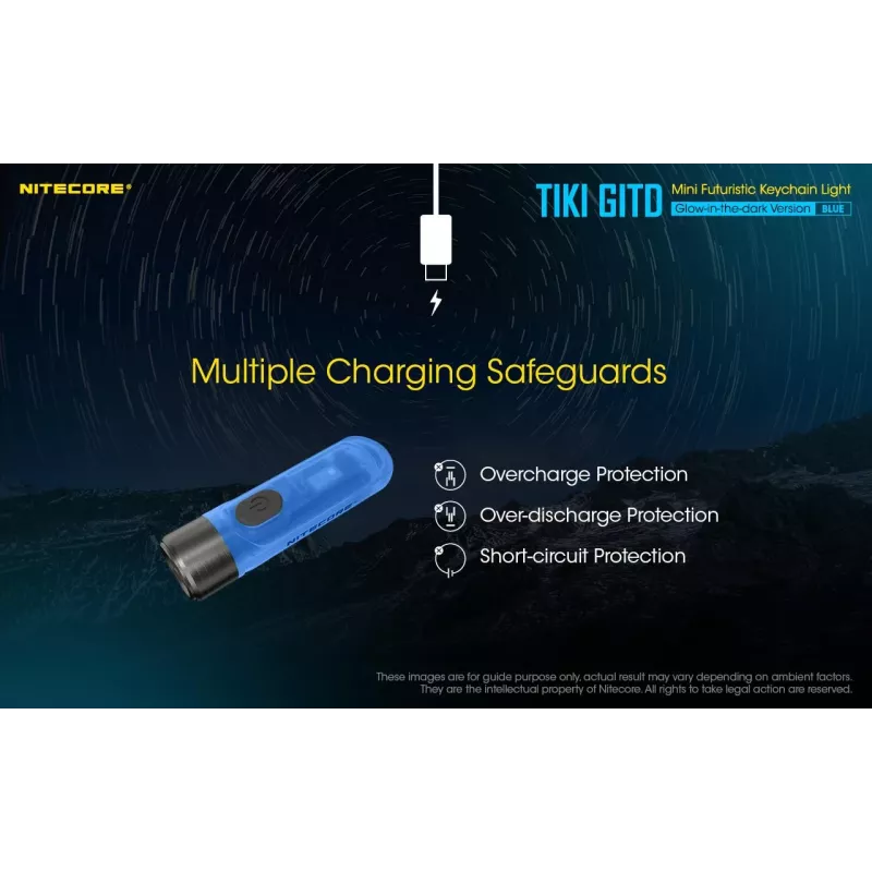 Võtmehoidjaga taskulamp Nitecore TIKI GITD BLUE — hall, USB-laetav, 1 lm, 55 mm, 12 g, IP66, löögikindel