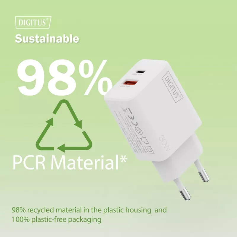 AC Indoor USB GaN Charger DIGITUS DA-10301 — 30W, 1× USB-C, 1× USB-A, 100–240V, valge