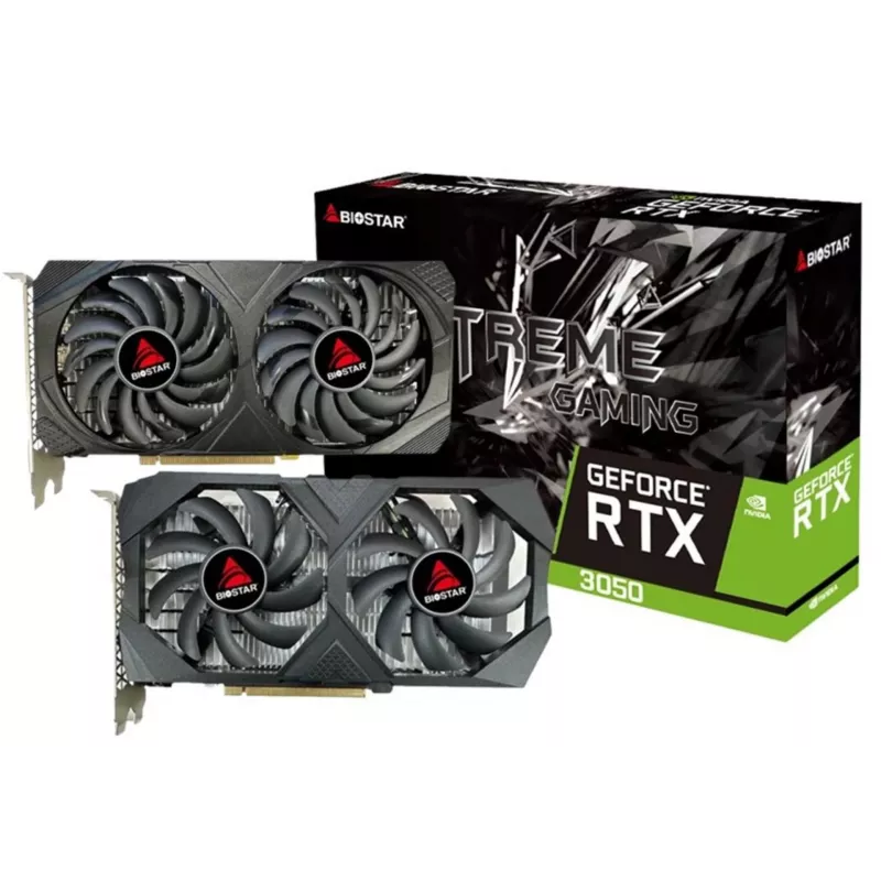 Graafikakaart BIOSTAR GeForce RTX 3050 6GB GDDR6 PCIe 4.0, 2304 CUDA tuuma, 96-bitine, 2 ventilaatorit, 225×43 mm