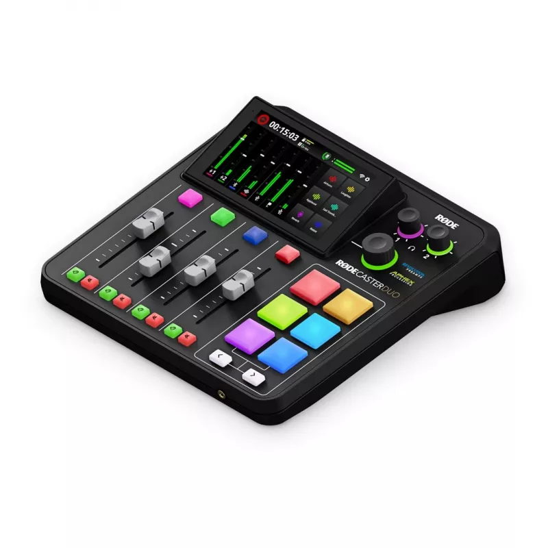 Stuudiokontroller RØDE Caster Duo must — 2 kombineeritud XLR/TRS, 2 TRS liiniväljundit, 48 kHz, 24-bitine, puuteekraan, Wi‑Fi, Bluetooth