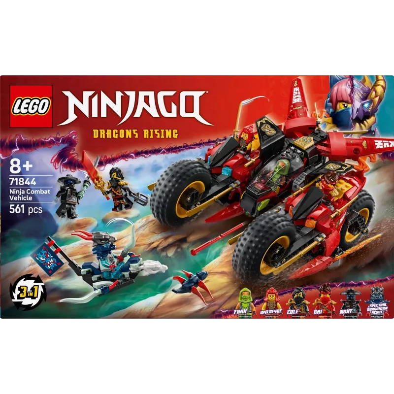 LEGO Ninja Combat Vehicle komplekt 71844 — NINJAGO, 561 tk, 6 minifiguuri, liikuvad osad, 140×240×220 mm
