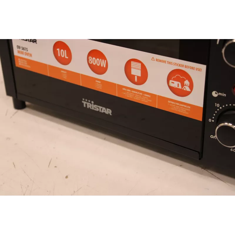VÄLJAMÜÜK. Tristar OV-3615 miniahi, must | Tristar | Miniahi | OV-3615 | 10 L | 800 W | Must | KAHJUSTATUD PAKEND, EBAÜHTLANE VAHE KLASSI JA UKSETIIBENDI VAHEL