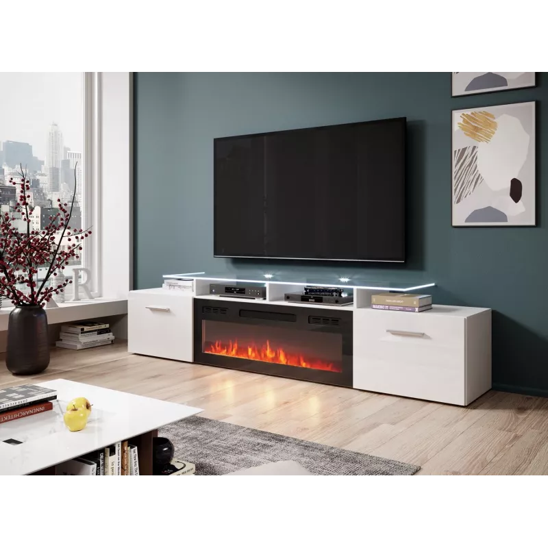 TV-kapp Cama Meble ROVA elektrilise kaminaga 190x37x48 cm valge/läikvalge