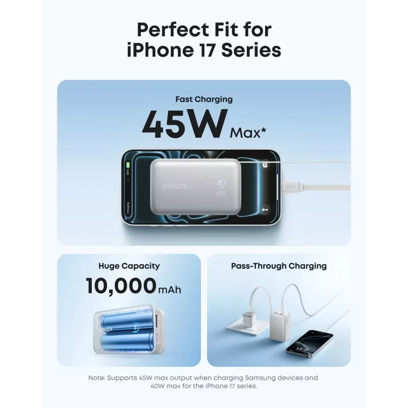 Akupank Anker A1638 10000 mAh, 45 W koguväljundvõimsus, valge, sisseehitatud sissetõmmatav USB-C kaabel
