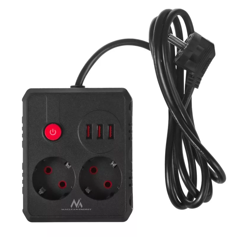 Pikendusjuhe MACLEAN MCE387 B — 2 pistikupesa, 3×USB A, 110–240V, 1,5 m kaabel, max 2500W