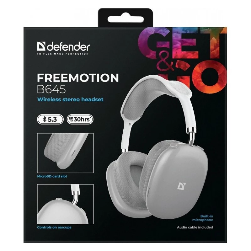 Juhtmeta kõrvapealsed kõrvaklapid DEFENDER EEMOTION B645 — binauraalsed, USB-C, AUX, 20–20 000 Hz, 105 dB tundlikkus