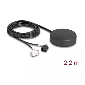 DELOCK 4G GNSS katusepaigaldusega mitmesuunaline antenn – 1×FAKRA A + 1×FAKRA B, 2 dBi / 28 dB, 2,2 m RG-174, must