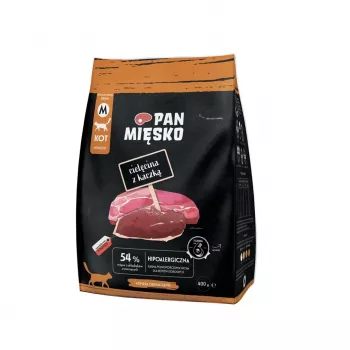 Kuiv kassitoit Pan Miesko Vasikaliha pardiga, täisväärtuslik graanul täiskasvanud kassidele, 400 g, 39% valku, 16% rasva
