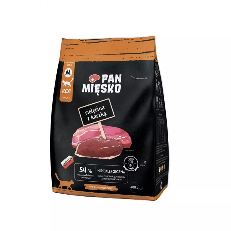 Kuiv kassitoit Pan Miesko Vasikaliha pardiga, täisväärtuslik graanul täiskasvanud kassidele, 400 g, 39% valku, 16% rasva