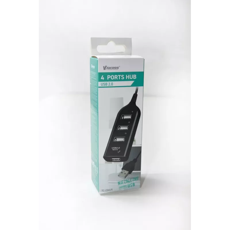 VAKOSS USB-jaotur TC-234UX — 4-pordiline USB 2.0 jaotur, alalisvoolutoide (5 V, 1 A), must