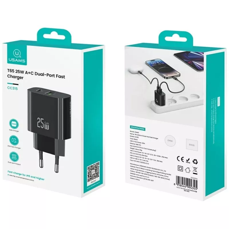 USB-laadija usams USA001629 25 W 1×USB-C + 1×USB-A kiirlaadimine