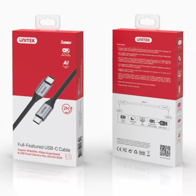 UNITEK C14091ABK USB-kaabel USB 3.2 Gen 2 2 m USB-C must