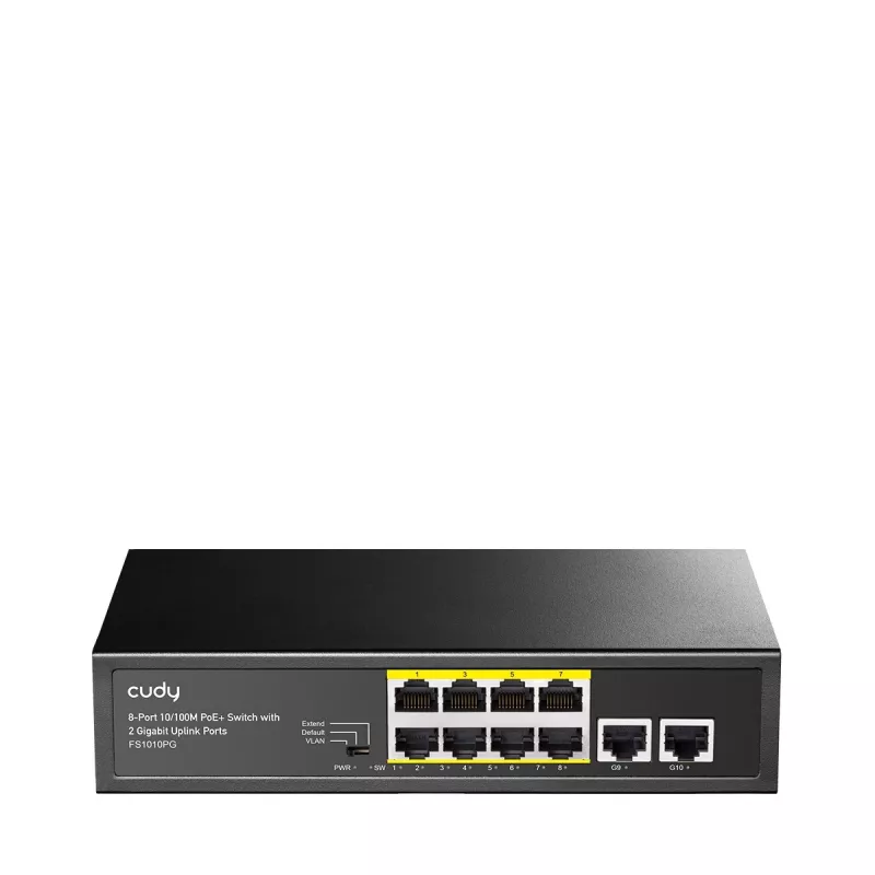 Võrgulüliti Cudy FS1010PG — 10/100 Mbps, 8 PoE-porti, 2 uplinki, 120W PoE-eelarve, metallkorpus