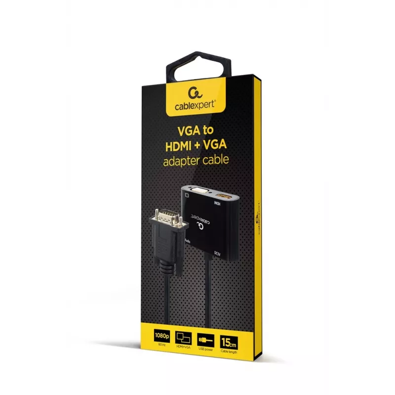 Video kaabli adapter GEMBIRD A-VGA-HDMI-02 0,15 m — HDMI + VGA (D-Sub) emane -> VGA (D-Sub) isane, must