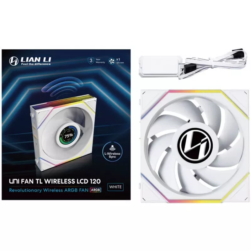 Lian Li UNI FAN TL Wireless LCD 120 Valge — 120 mm PWM-ventilaator juhtmevaba LCD-kontrolleriga