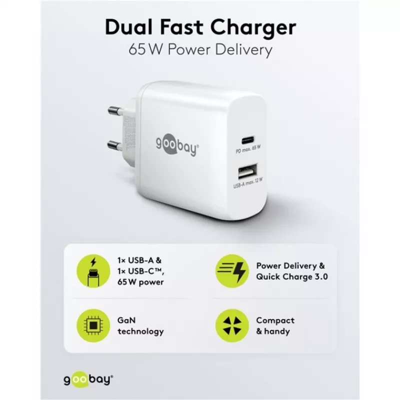 USB-C Dual-Fast Charger, PD, GaN, 65 W (valge, 1x USB-C, 1x USB-A, Power Delivery)