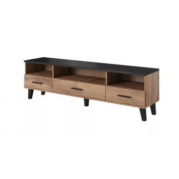 TV-alus Cama Meble LOTTA 180 cm — Wotan tammepuidust raam, matt must pealisplaat, 1800×400×530 mm