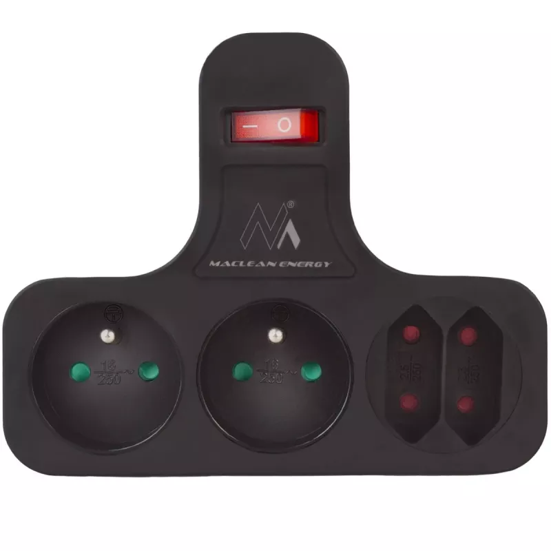 Maclean voolupistikupesa, neljakordne lülitiga, stabiliseeriva jalaga, tüüp E, 2x2,5A, 2x16A, MCE224 E/B