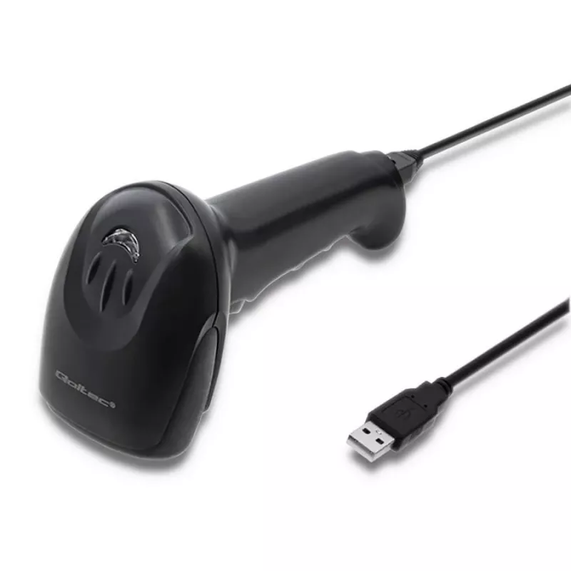 Pihuarvuti vöötkoodilugeja QOLTEC 50866 — 1D laserskanner, USB juhtmega, 600 mm lugemiskaugus, must, 161,5×88×77 mm