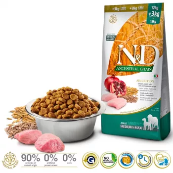 Farmina N&D Ancestral Grain Adult Chicken kuiv koeratoit 15 kg — 27% valku, 16% rasva
