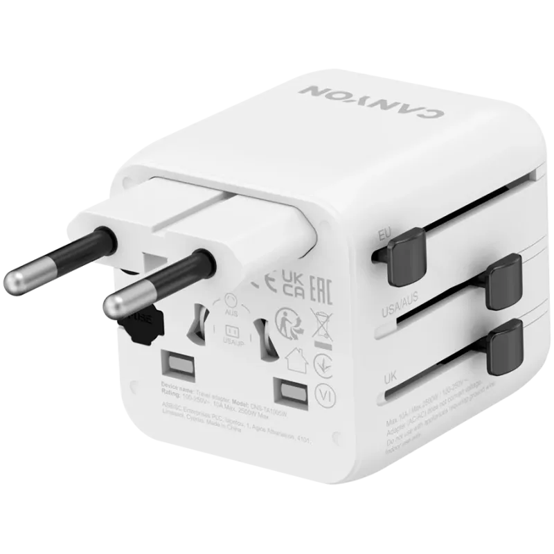 Reisiadapter CANYON OnTour One EU UK US AUS valge (CNS-TA1005W) – universaalne pistiku teisendus EL/ÜK/USA/AUS jaoks