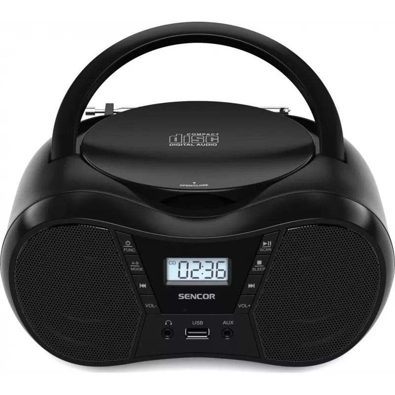 Boombox SENCOR SPT2300BK — CD-mängija, MP3, USB, Bluetooth 5.1, FM, AUX, 4 W, aku/võrgutoide