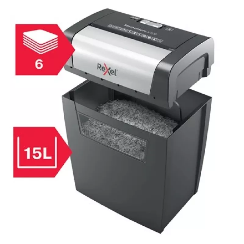 Rexel Momentum X406 ristlõikega paberipurustaja P4, osakesteks lõikav purustamine, 4 x 28 mm, 15 L, 125 lehte, 70 dB, nupud
