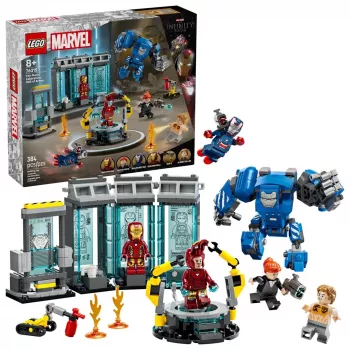 LEGO mängukomplekt Marvel: Raudmehe labori raudrüüsaal 76315 — 384 osa, 5 minifiguuri, vitriiniala