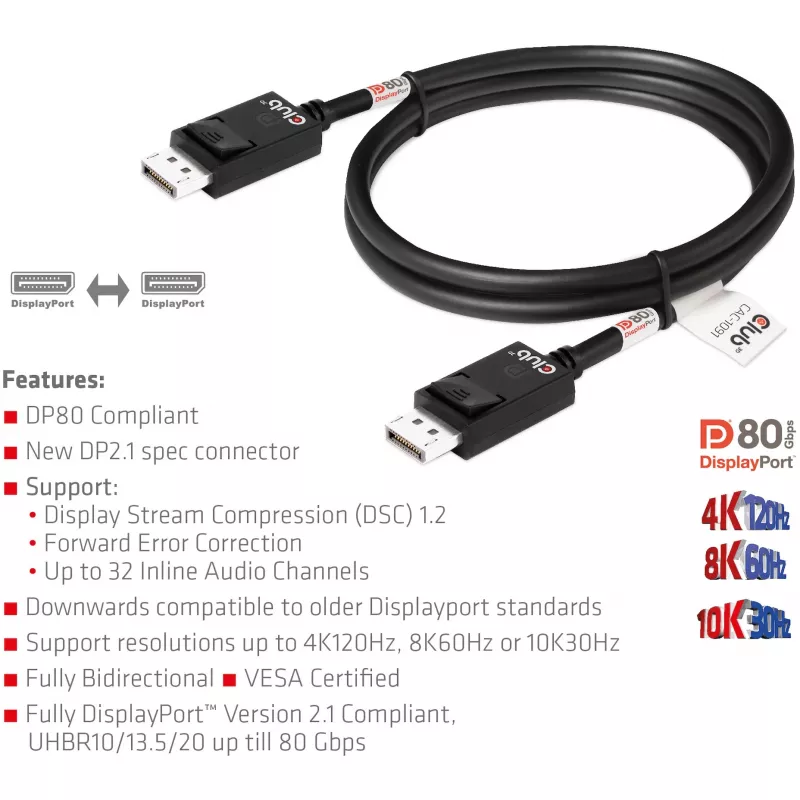 CLUB3D DisplayPort 2.1 Bi-Directional VESA DP80 Certified kaabel 4K240Hz, 8K60Hz or 10K30Hz M/M 1.2m/3.94ft