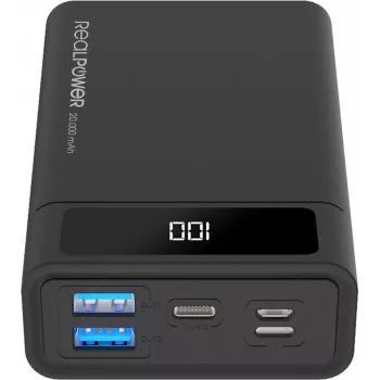 RealPower PB-20k PD - Must - Peakomplekt/Peakomplekt - MP3/MP4 - Mobiiltelefon/Nutitelefon - Nutikell - Tahvelarvuti - Ristkülik - 20000 mAh - USB - 74 Wh (306949)