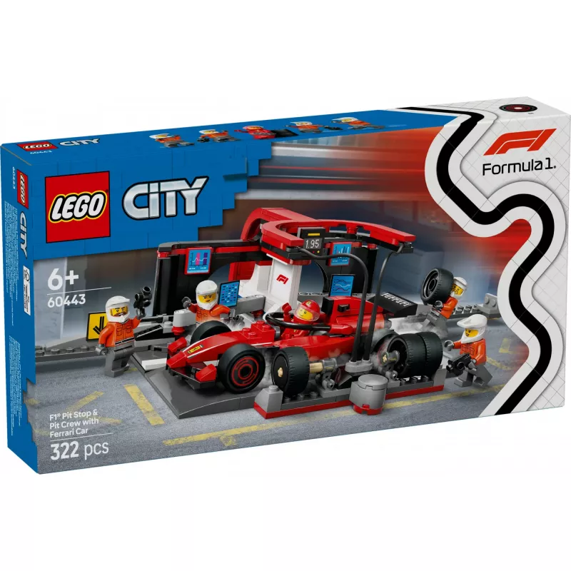 LEGO City F1 boksipeatuse komplekt 60443 — Ferrari F1 auto, 322 osa, 5 minifiguuri, vanusele 6+