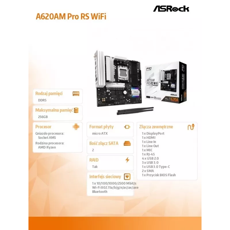 Emaplaat ASROCK A620AM PRO RS WIFI AM5 microATX, AMD A620, 4×DDR5, Wi‑Fi, HDMI, DP, 3×M.2, 2×SATA, 7.1 audio, 1Gb LAN