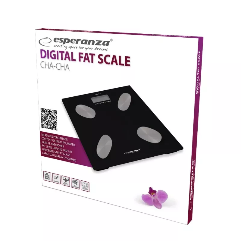 Elektrooniline isikukaal ESPERANZA EBS022K — digitaalne rasvakaal, karastatud klaas, 180 kg, KMI, 12 kasutaja mälu
