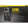 Akulaadija Nitecore NEW i2 — 2 pesaga laadija LiFePO4, Li-Ion, NiMH akudele; sisend 100–240V; väljund 9–12V; toetab AAAA/C/D/AAA/AA; must