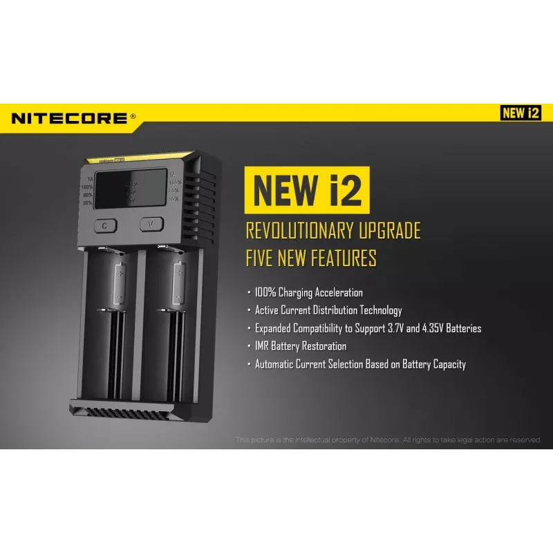 Akulaadija Nitecore NEW i2 — 2 pesaga laadija LiFePO4, Li-Ion, NiMH akudele; sisend 100–240V; väljund 9–12V; toetab AAAA/C/D/AAA/AA; must